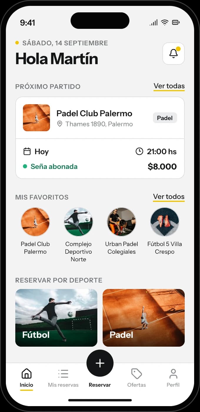 Inicio de la app JugaCerca: próximo partido, clubes favoritos y reservar por deporte