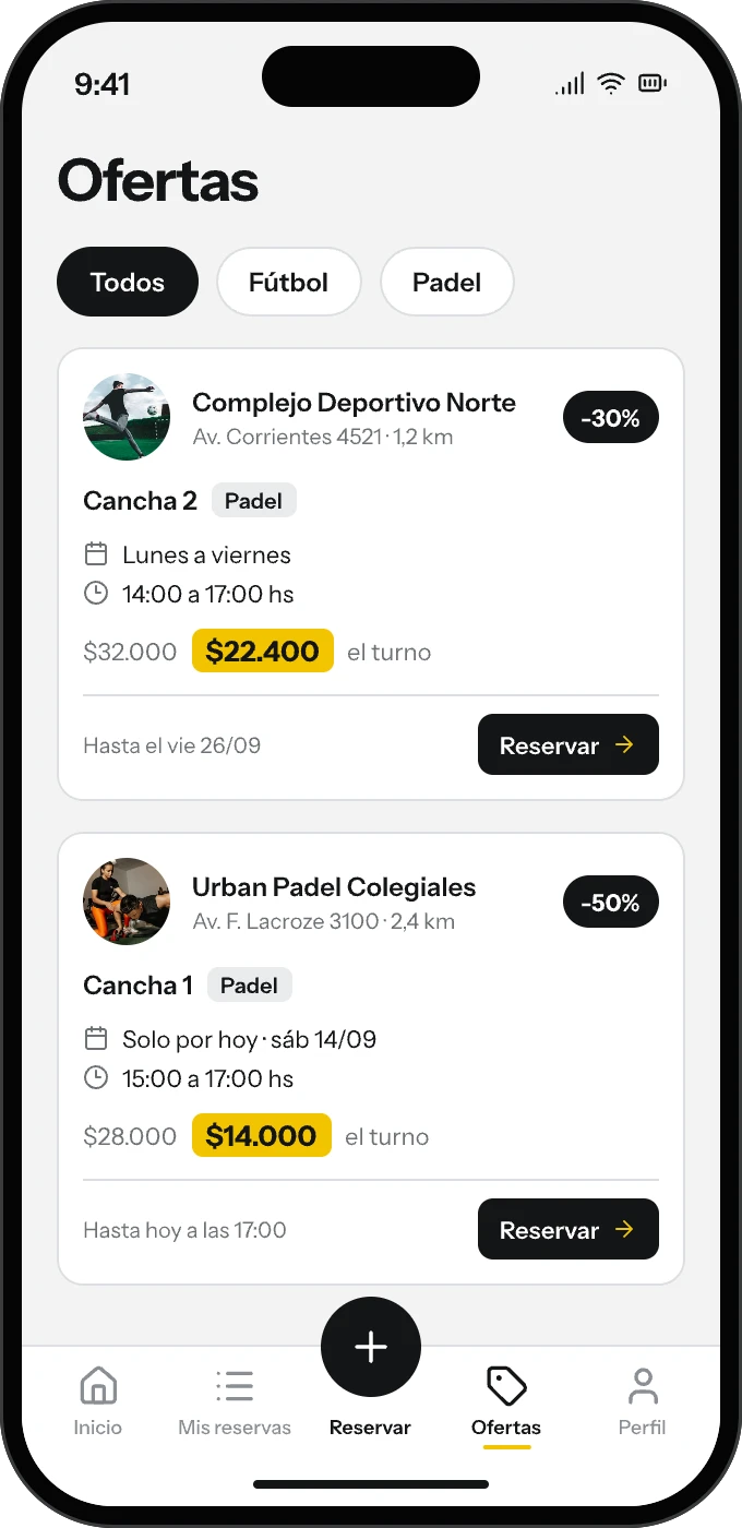 Pestaña Ofertas de la app JugaCerca con turnos con descuento de dos clubes