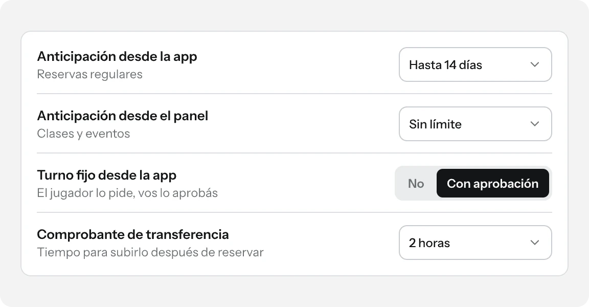 Reglas de reserva: anticipación, turno fijo desde la app con aprobación y plazo del comprobante